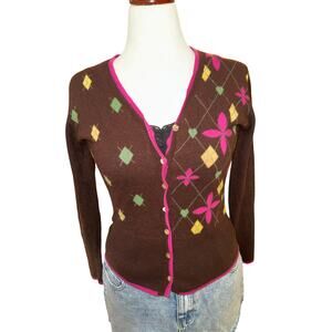 Y2K Brown Floral Button Cardigan Lambswool Silk Cashmere Size EU 36 US S